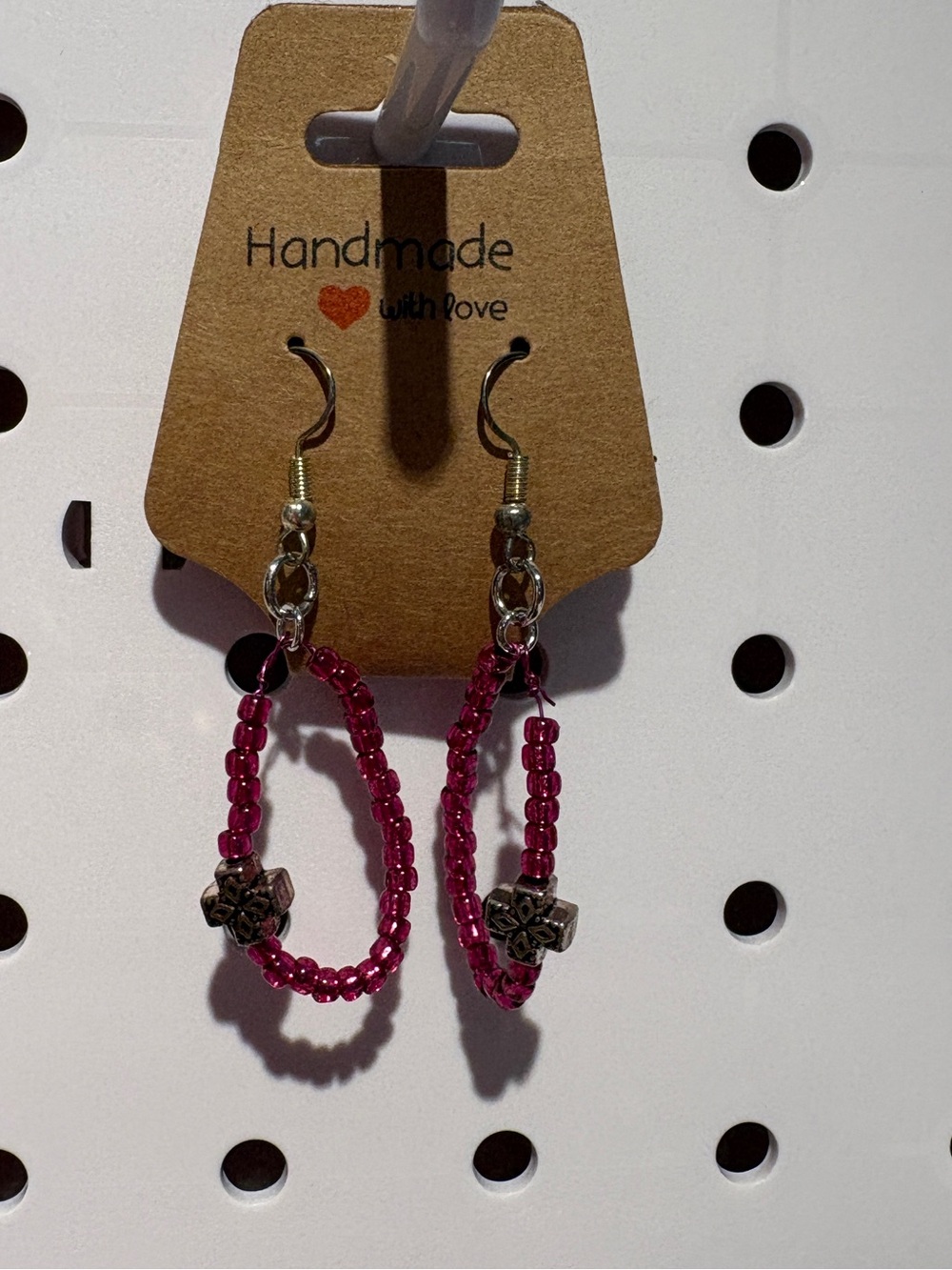 (2/$30) Handmade Pink Seed Bead Cross Earrings
